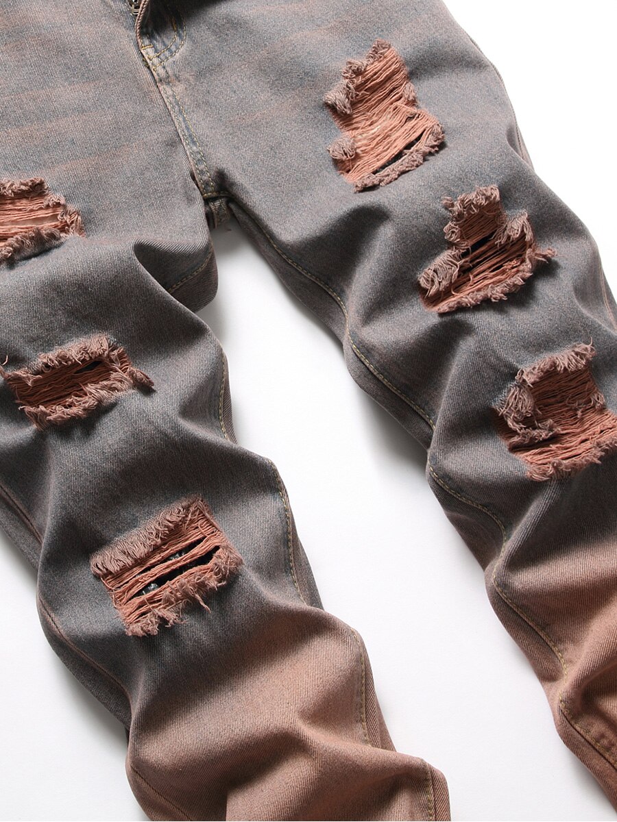 Men Gradient Color Denim Jeans Casual Holes Ripped Distressed Straight Pants Trousers