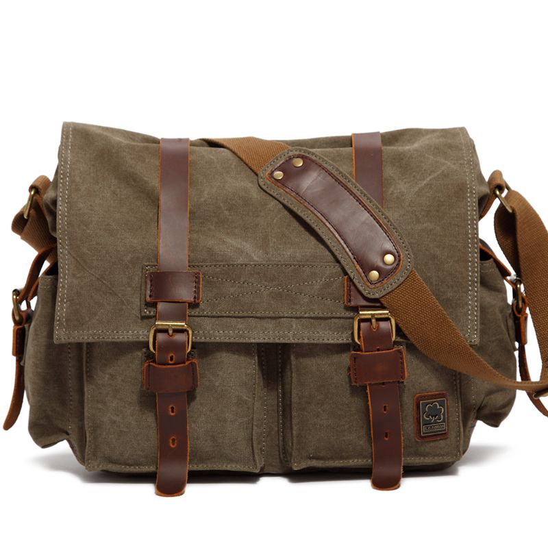 Mannen Casual Canvas Messenger Schouder Lederen Zakelijke Computer Grote Capaciteit Reizen Schooltas Handtas: Army green