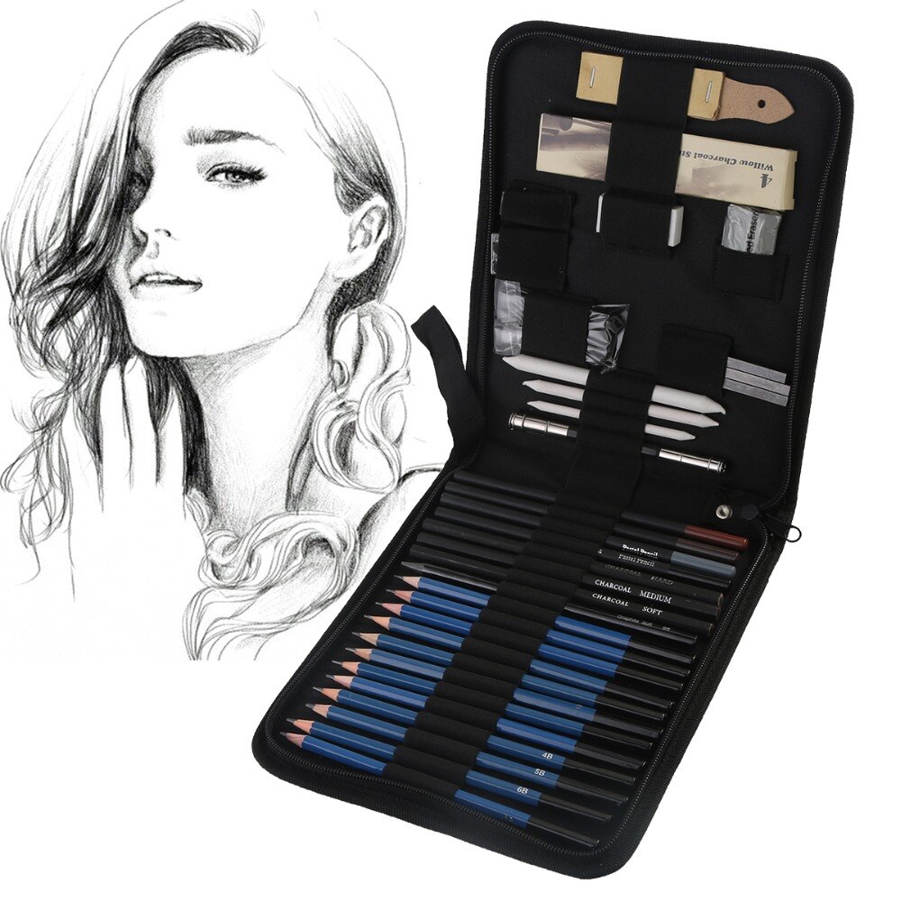 40pcs/set Graphite Sketch Pencils Set Complete Drawing Kit Includes Charcoals Pastels Zippered Carry Case for students children