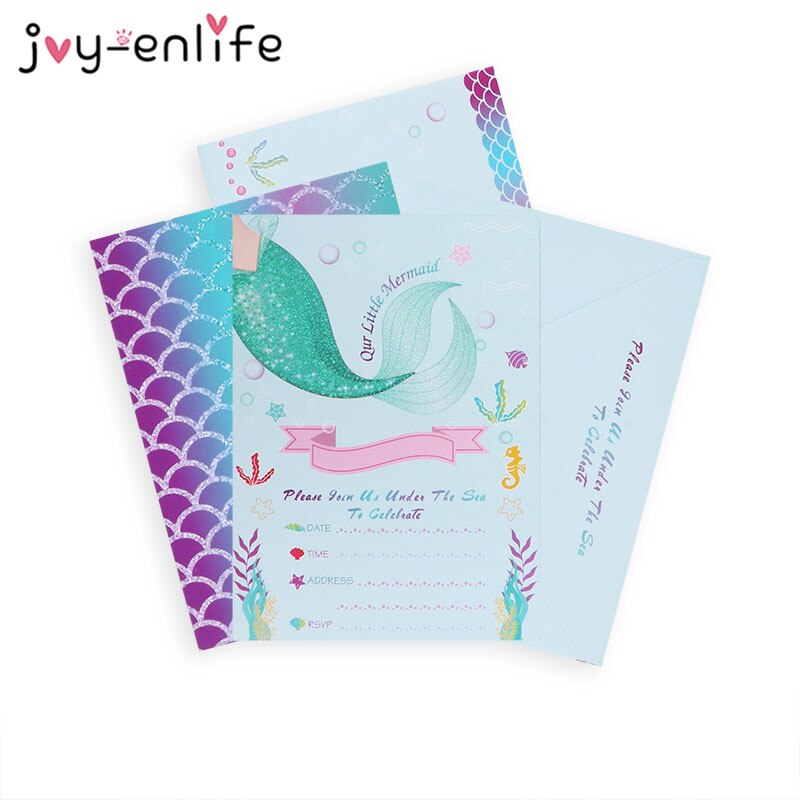 8pcs Little Mermaid Party Invitation Cards Invited Envelopes Baby Shower Girl Birthday Party Decorations Mermaid Tail Cards
