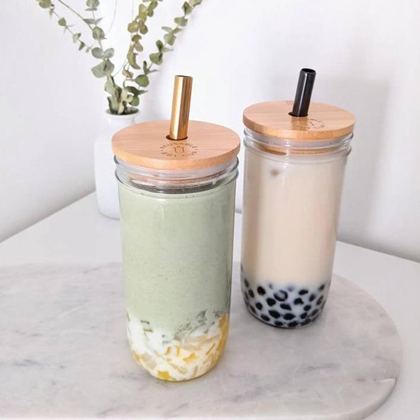 Murare burkar för att dricka kopp bubbla te glaskopp med bambu lock återanvändbar boba smoothiekopp i glas med halmkopp i rostfritt stål