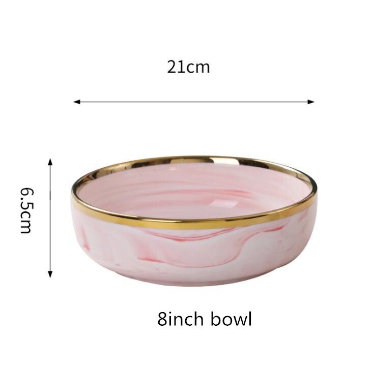 Double-sided Gilt Rim Pink Marble Pattern Porcelain Dinner Plate Salad Noodles Bowl Spoon Ceramic Kitchen Tableware 1Pcs: 8inch bowl