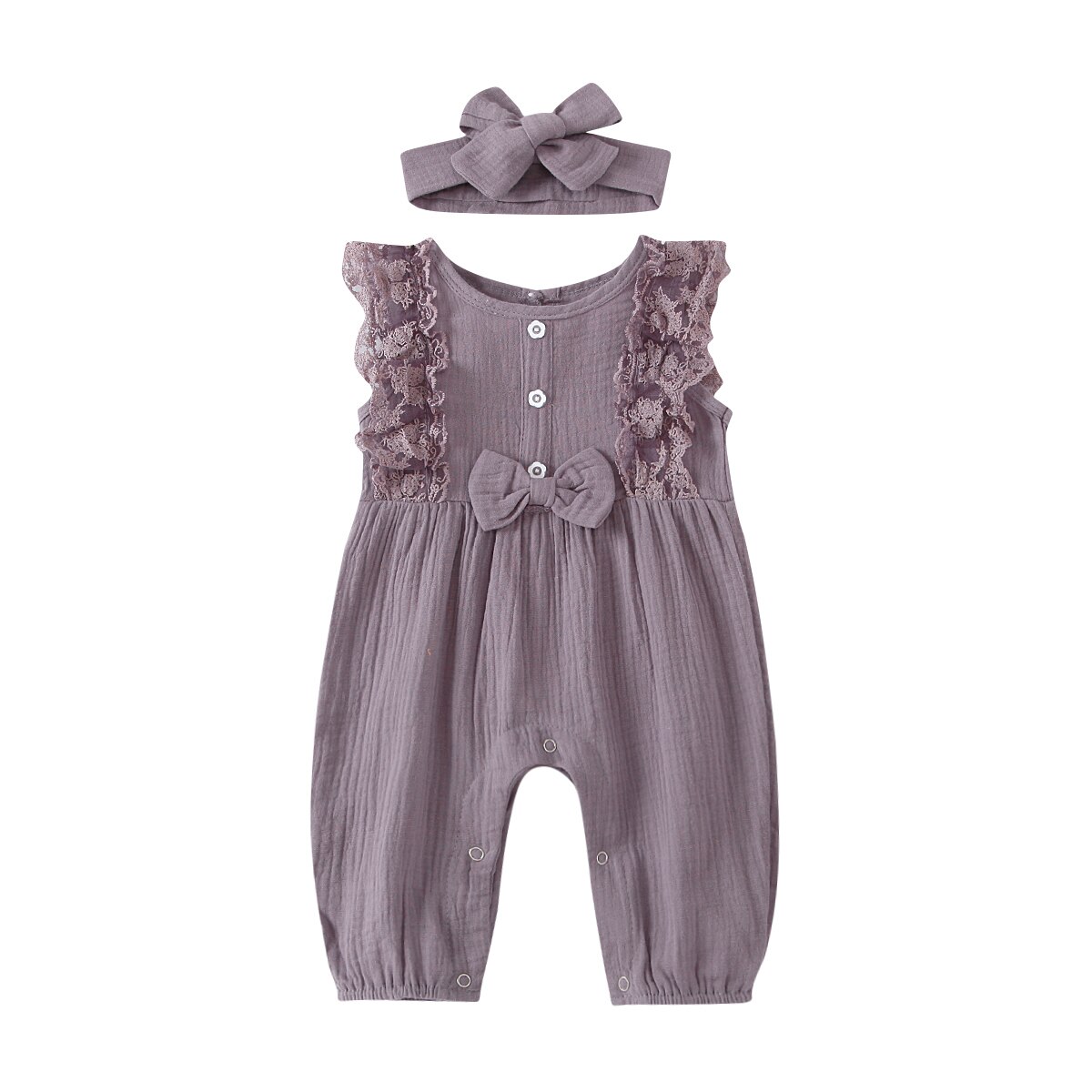 Baby Girl Cotton Linen Romper Two-piece Clothes Set Sleeveless Round Collar Jumpsuit Headdress Pink/ White/ Purple/ Green/Yellow: Purple / 6M