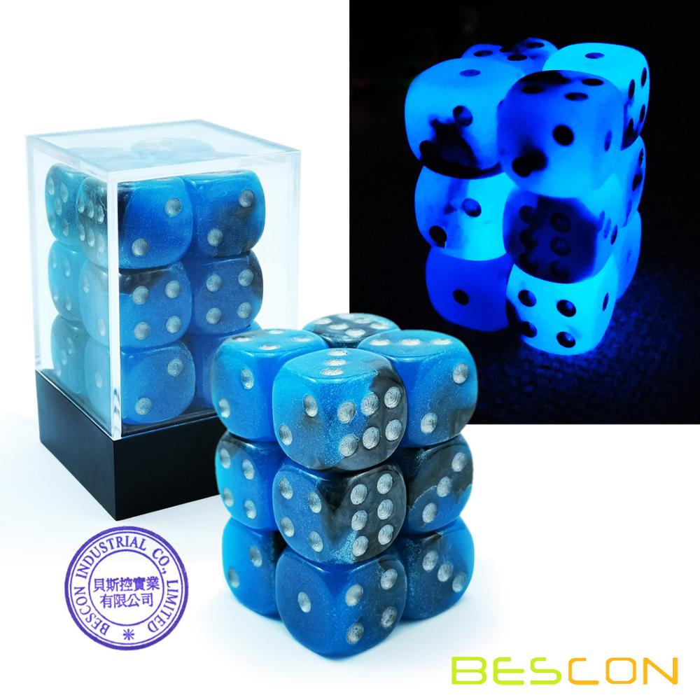 Bescon Twee Tone Glowing Dice D6 16 Mm 12 Stuks Set Blauw Dawn, 16 Mm Zes Zijdige Sterven (12) Blok Van Glowing Dice