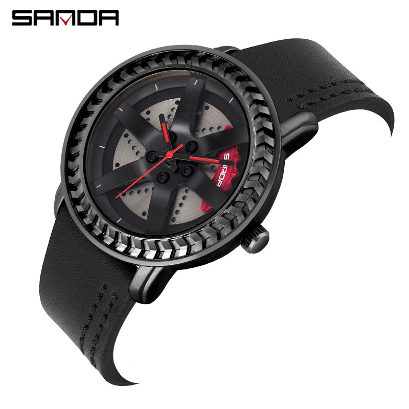Sanda herenhorloge waterdicht autowiel wijzerplaat horloges roestvrij kwarts polshorloge relogio masculino: Leer zwart