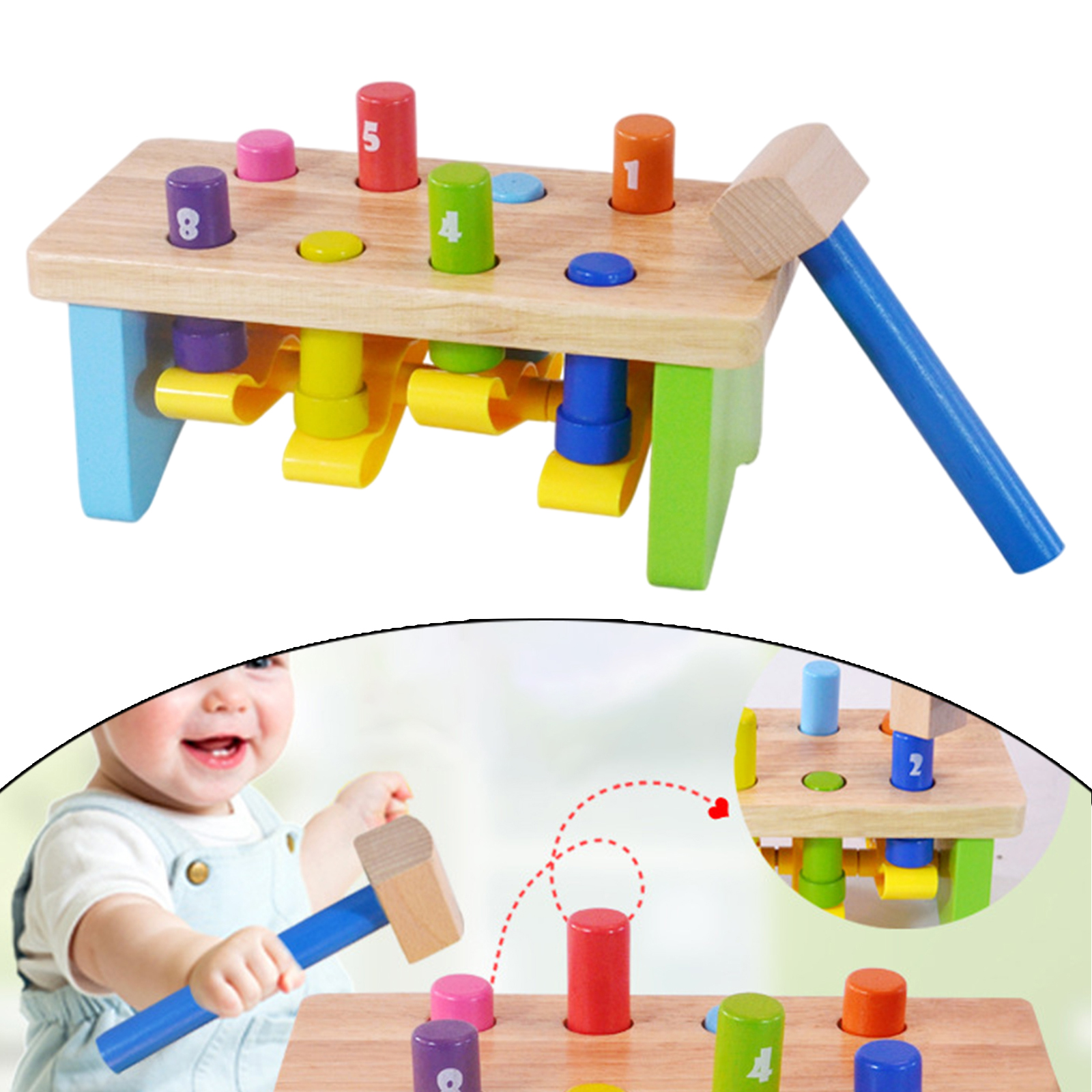 Wooden Hammer Bench - Pound a Peg with Wooden Hammer - great Hammering Baby Toy for Babies, 12months, 1, 2,3 Year Olds