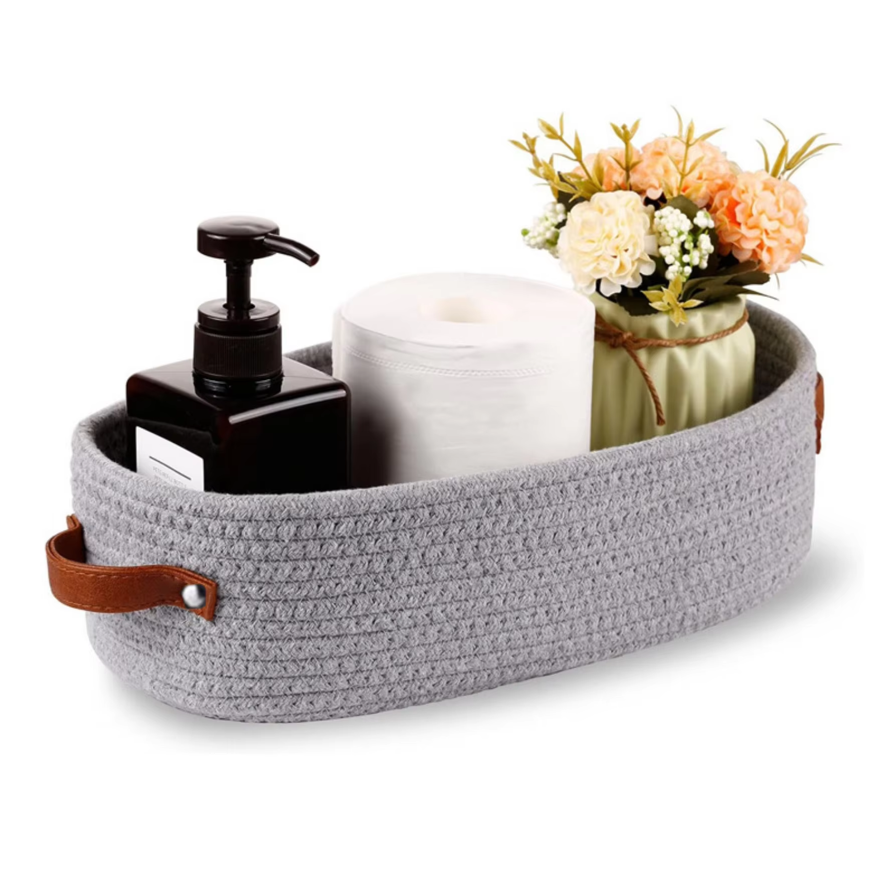 Panier de rangement ovale tissé pour salle de bain, organisateur de bureau multifonctionnel, porte-papier hygiénique, panier de rangement pour jouets: Gris clair