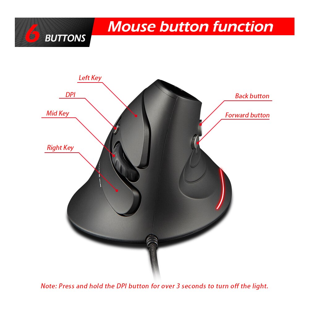 ZELOTES T-30 Wired Optical Mouse Vertical Mouse USB Wired Gaming Mouse 6 Keys Ergonomic Mice with 4 Adjustable DPI for PC Laptop