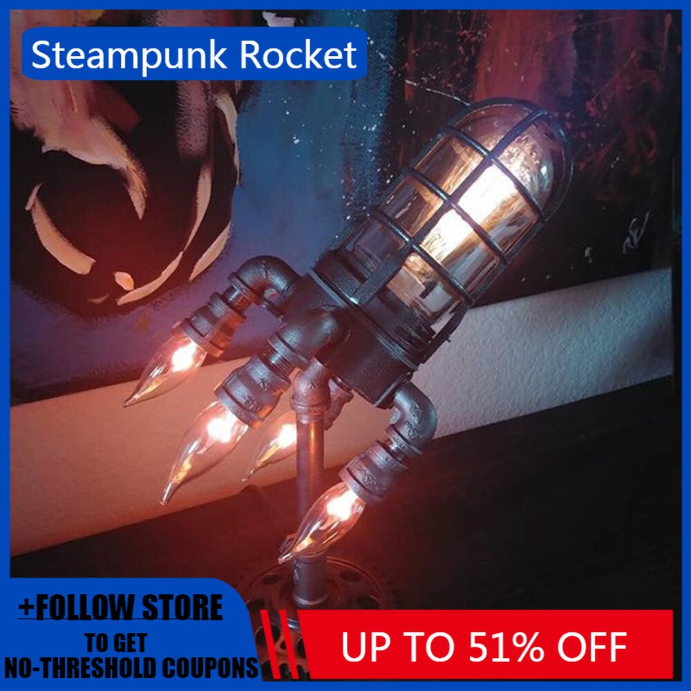 Retro Steampunk Rocket Lamp Light Simulation Flame LED Table Offices Cool Rocket Night Light Home Office Decor Desktop