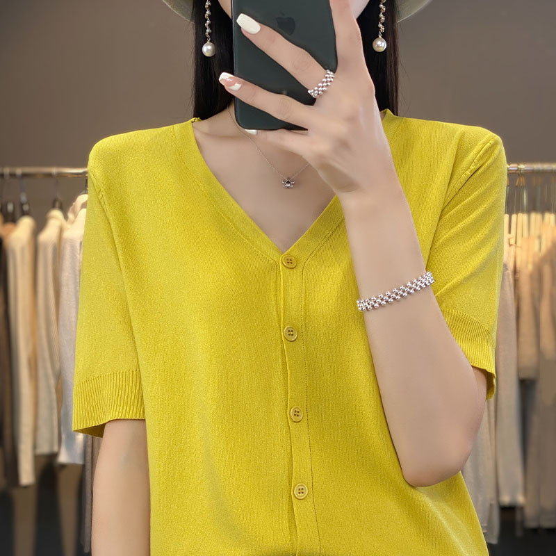 Lente En Zomer Nieuw Ijs Zijde Vest Korte Mouw V-Hals Joker Losse Dunne T-Shirt Trui Bottom Shirt Top