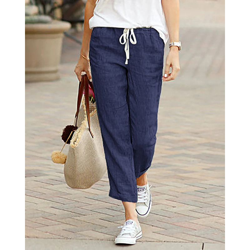 Casual Cotton Linen Pants Women Spring Summer Solid Color High Waist Elastic Ankle-Length Pants Female Pockets Harem Trousers: XXL / DEEP BLUE