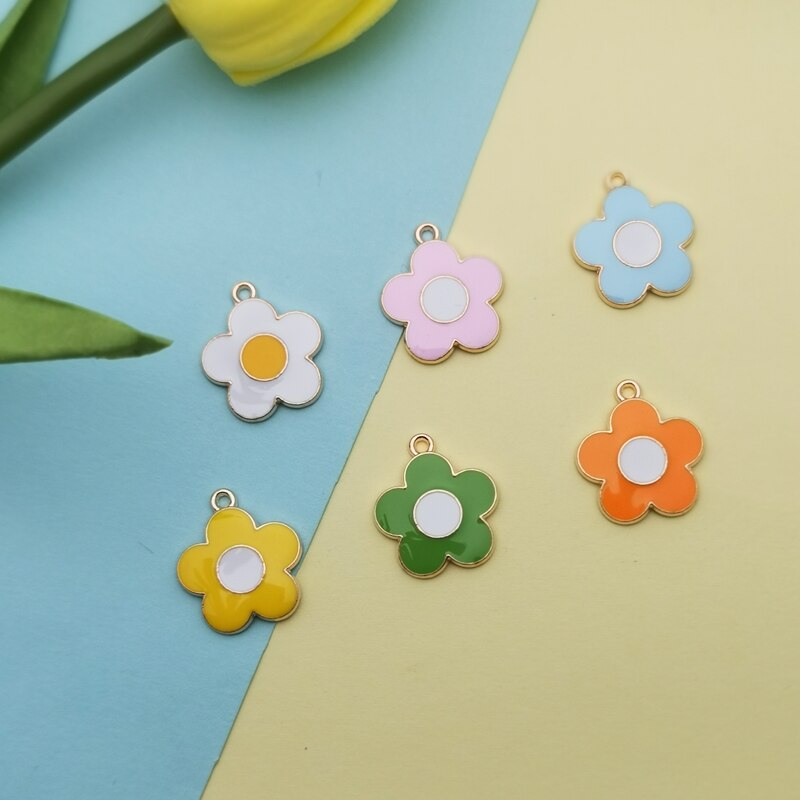 10PCS Colorful Flowers Enamel Charms Gold Tone Little Flower Alloy Pendants Fit Making Earring Hair Jewelry DIY Accessory FX494