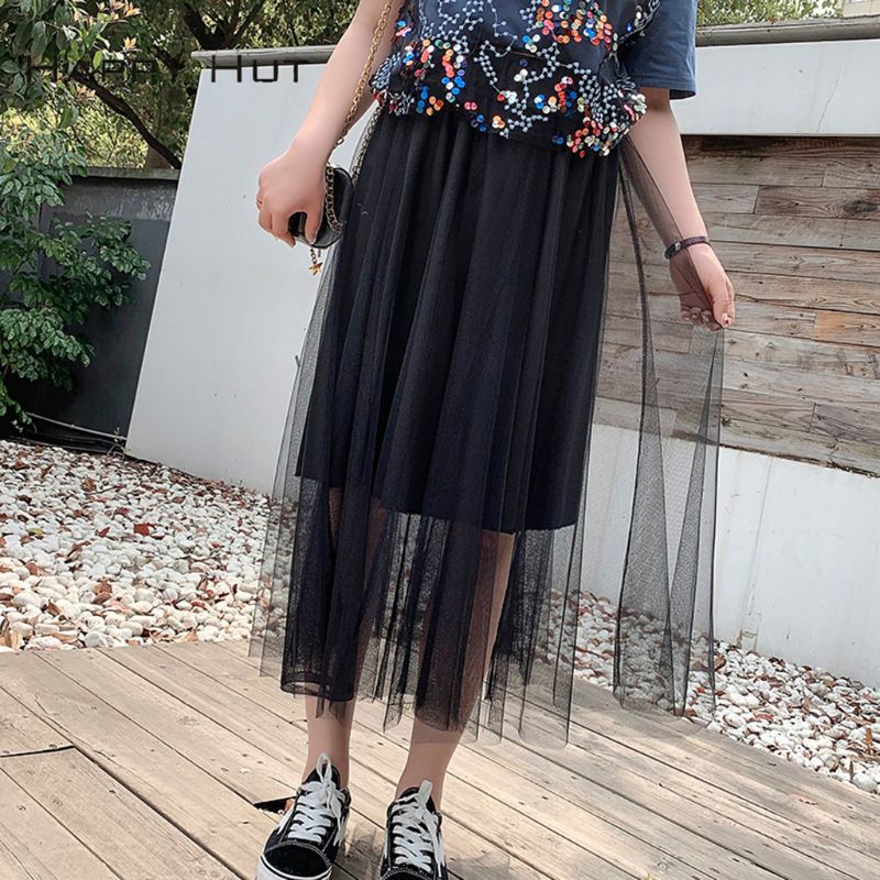 Jupe Tutu mi-longue plissée en Tulle pour femmes, taille haute, trois couches, maille transparente, couleur bonbon, douce, couleur unie, robe balançoire, ample, 80CM: Black