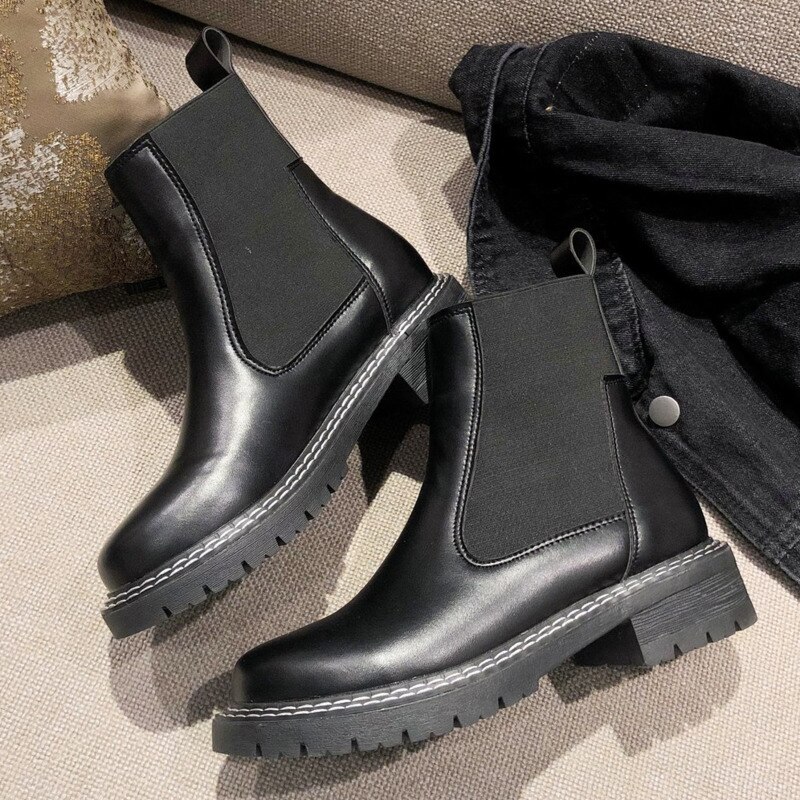 Botas Chelsea de cuero de , botines de mujer Otoño Invierno , botines de mujer de tacón grueso, zapatos de punta cuadrada para mujer
