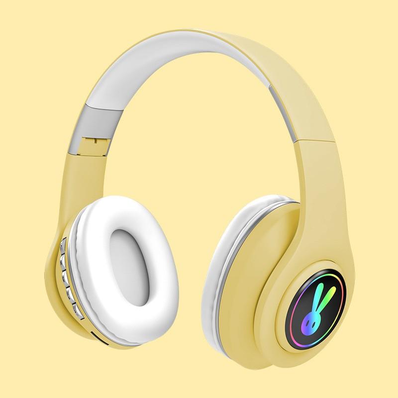 Bluetooth Wireless Headphones Macaron Color Hifi Music Auto Pairing Earphones Can Inserted TF Card Blue Pink Yellow Headsets: LED Lighting Yellow