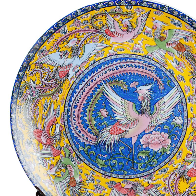 Plato Ornamental de cerámica de arte Fengshui, decoración China antigua de NinePheonix, juego de platos chinos tradicionales de porcelana con Base de madera