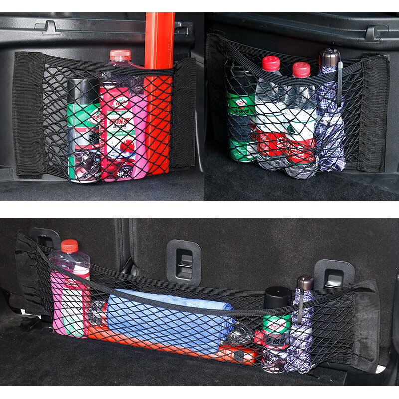 Bil bagagerum mesh organisator bil bagsæde tilbage opbevaring rydde netværks taske bagagerum elastisk velcrolomme bil arrangører