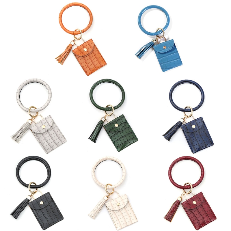 H3CB Sleutelhanger Armband Polsbandje Bangle Key Kaarthouder Grote Ronde Sleutelhanger Lederen Kwastje Voor Vrouwen Meisjes Met Portemonnee