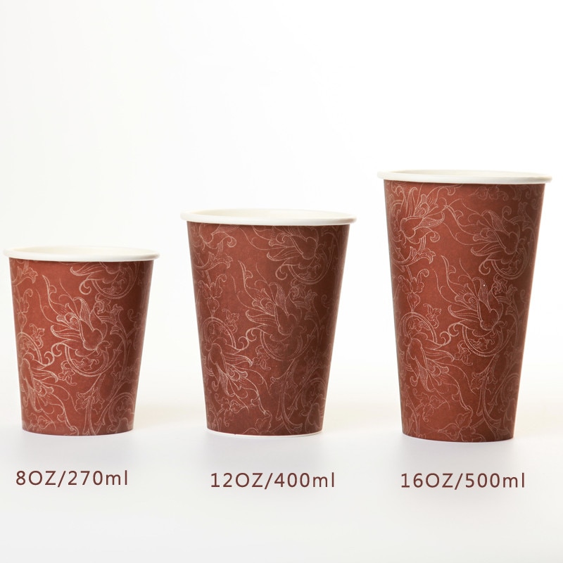 50pcs Disposable coffee cup flower pattern thick paper cups drinks juice beverage packaging cups takeaway packages with lids: only cup / 400ml 12OZ 50pcs