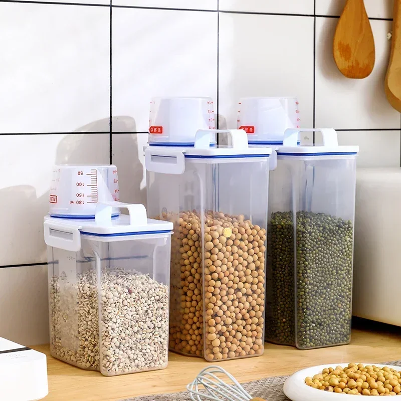 Suministros de cocina, Cubo de almacenamiento de alimentos, tanque de almacenamiento portátil a prueba de humedad de 1,5/2kg con taza a escala, cubo para alimentos, contenedor de plástico