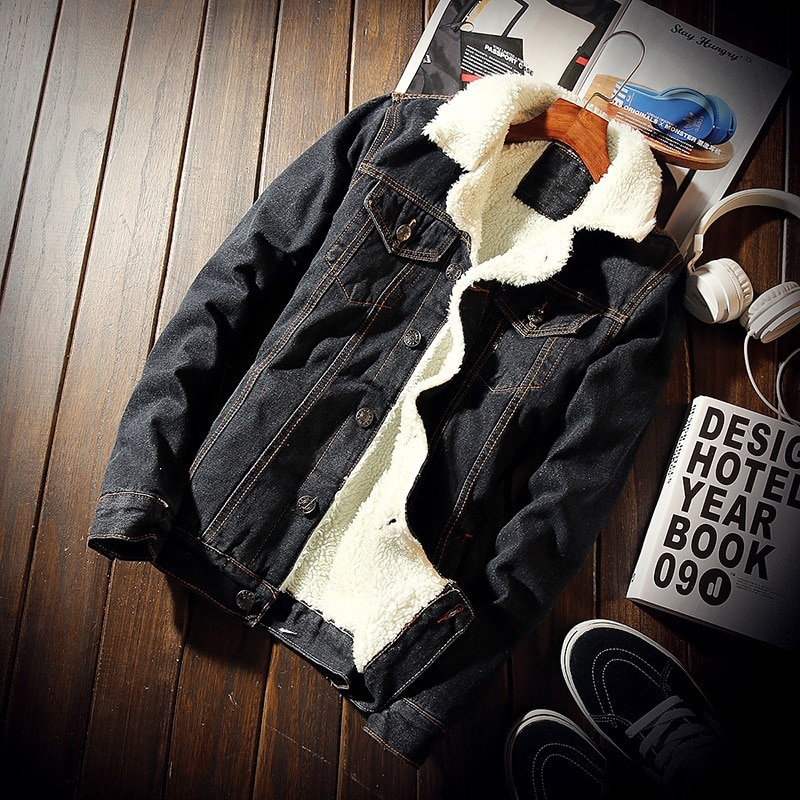 Denim Bomber Jacket with Fur Men Black Jeans Jacket Fleece Winter Jeansjacke Herren Men Blue Oversized: M