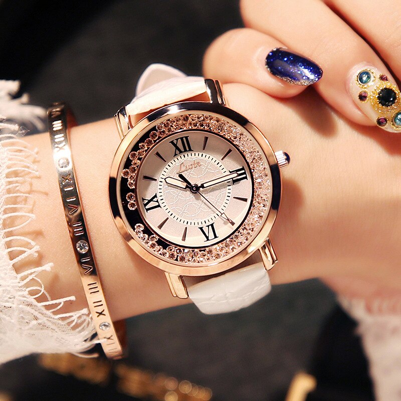 Ladies Watch PU Leather Watches Women Rhinestone Quartz Wristwatches: White