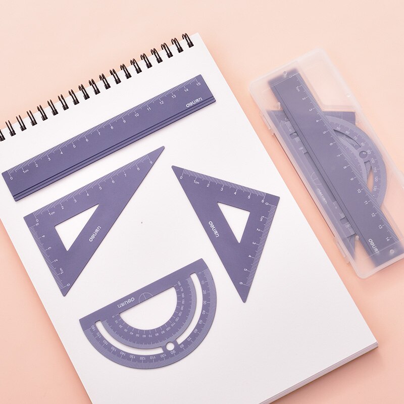 DELI Metal Ruler 20cm Set Stationery for Students Straightedge Triangle Ruler with Wave Line Protractor, Compass Triangle Plate: 15cm blue