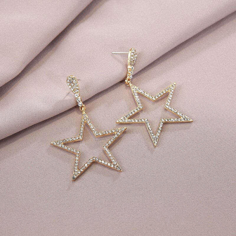 Star Pendant Earrings Woman Rhinestone Full five-pointed star Shining Korean Charm Exaggeration Trendy Alloy Boutiqu: Gold-color