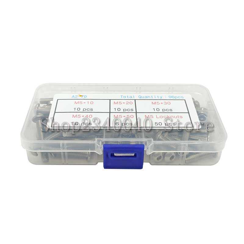 96pcs/set M5 Hex Socket Screw Nut Hexagon Metric Thread Machine Bolt ISO7380 Stainless Steel Hexagon socket screw Assortment Kit