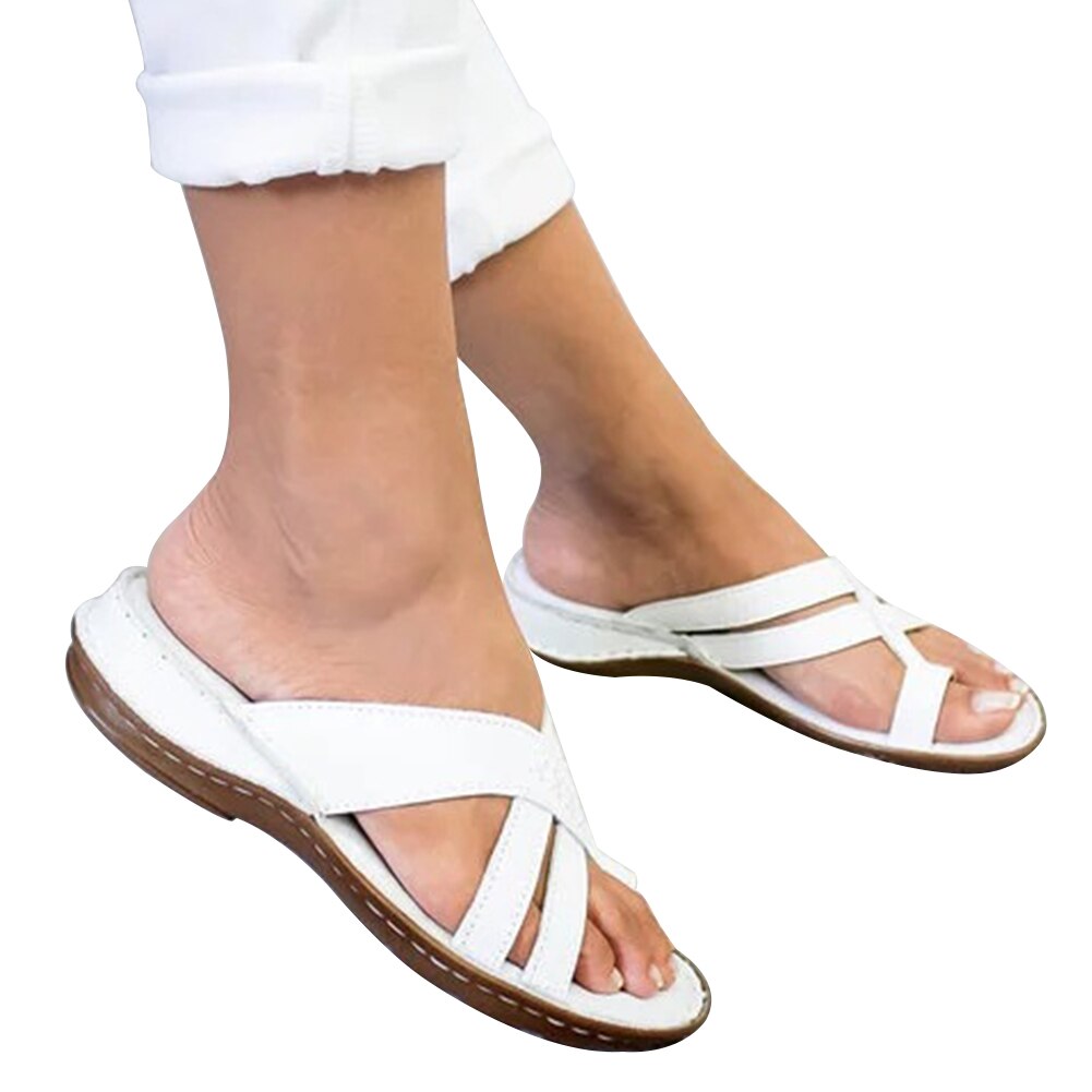 Damen Reise Frauen Sandalen drinnen draussen Schuhe Fuß Korrektur lässig Sommer Strand Offene spitze Flache Ferse PU Leder Weiche Nicht Unterhose: Weiß / 37