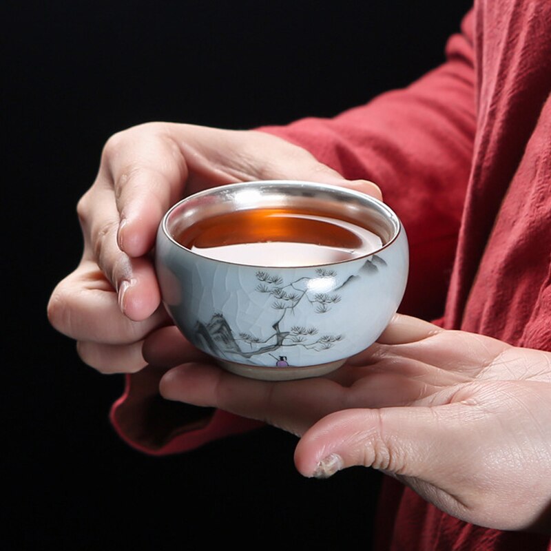 110ml 999 taza de té de plata pura hecha a mano de cerámica pintada a mano maestro pequeño cuenco taza de té de colección