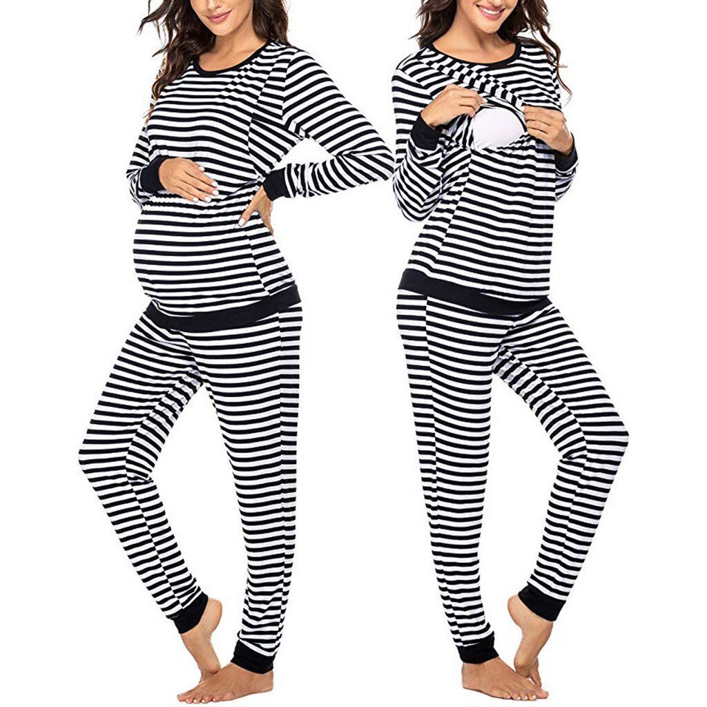 Fall Winter Maternity Nightwear Women Maternity Long Sleeve Nursing T-shirt Tops+Striped Pants Pajamas Set pijama embarazo
