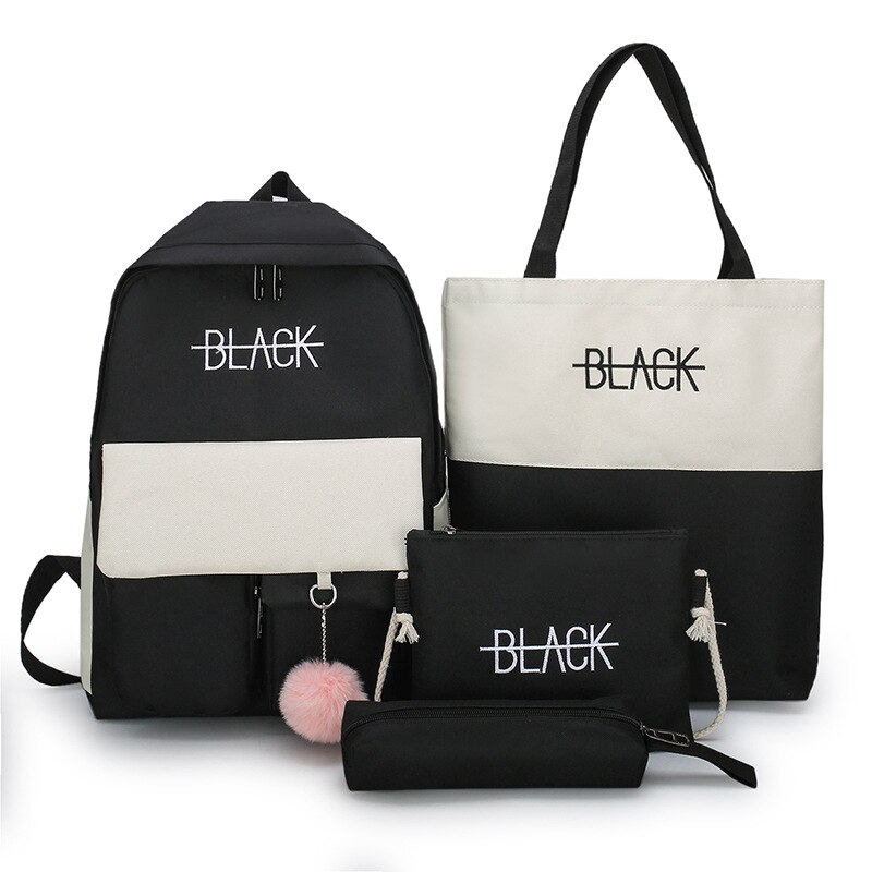 4Pcs/set Canvas School Bags For Teenager Girls Students Larger Capacity Women School Travel Backpacks Female Book Bags: Black