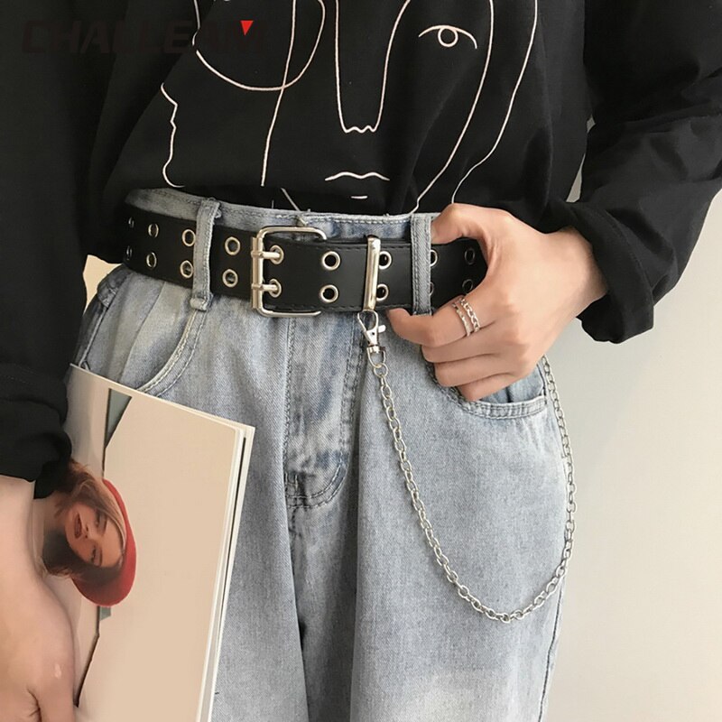 Harajuku Women Punk Chain Belt Adjustable Black Double/Single Eyelet Grommet Metal Buckle Leather Waistband For Jeans