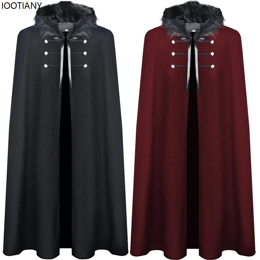 Medieval King General Cosplay Capes Halloween Festival Party Viking Hooded Fur Collar Cloak Vintage Solid Colour Steampunk Coats