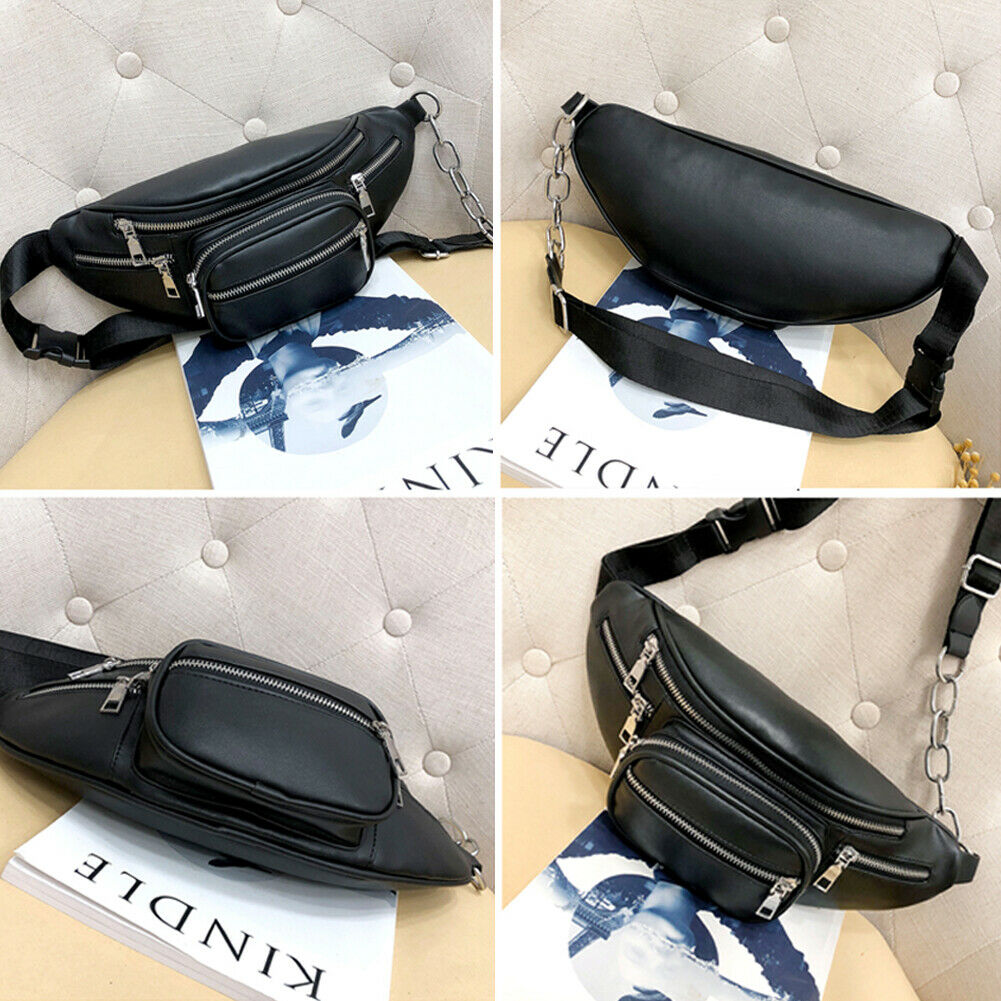 Newest Style Men Women PU Waist Bags Chain Black Solid Fanny Pack Travel Belt Purse Shoulder Bags Tote Waist Bag