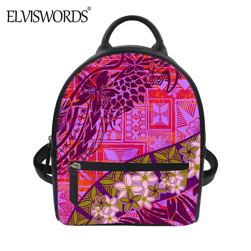 ELVISWORDS-Mini mochila De Cuero PU para Mujer, bolsa para hombro duradera con estampado Tribal polinesiano, Hawái, Plumeria: ZBX2042Z4