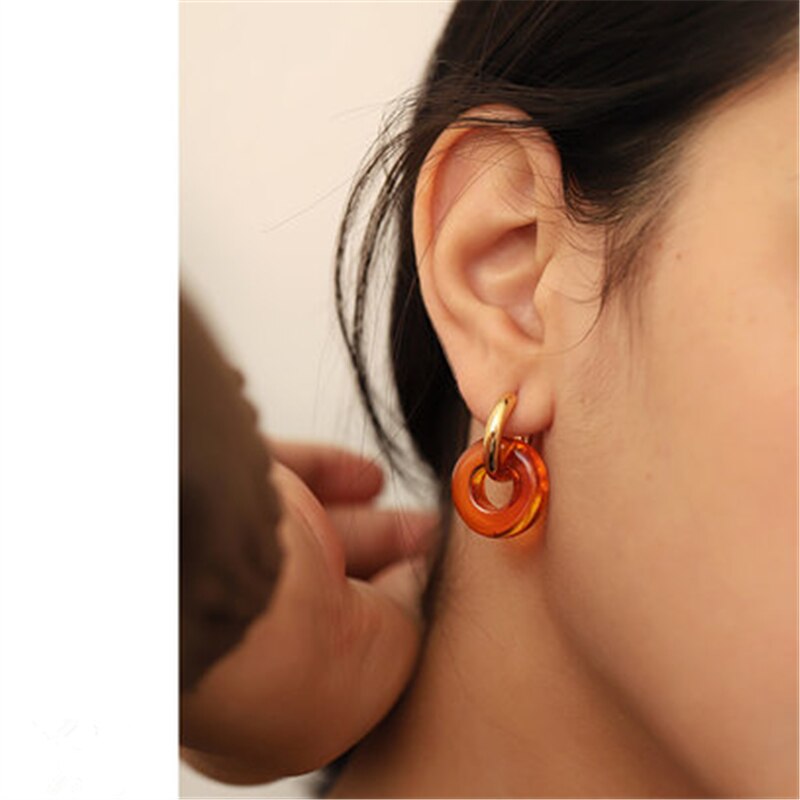 HUANZHI S925 rétro coloré Transparent résine cerceau boucles d'oreilles géométrique rond boucles d'oreilles pour femmes filles fête bijoux