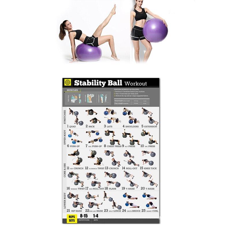 Afiche de ejercicio de Yoga, pelota de ejercicios de estabilidad, afiche de ejercicio para el peso corporal, ejercicio en casa