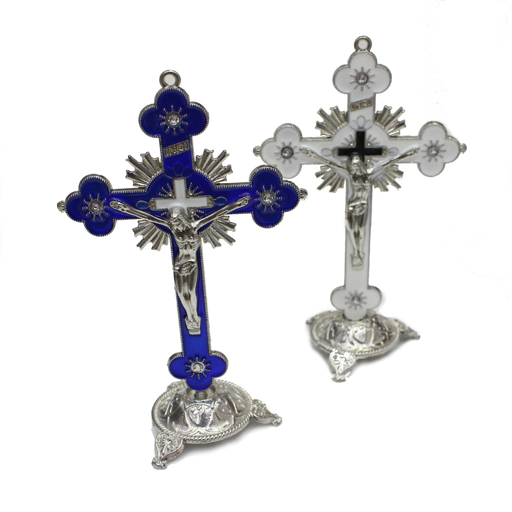 Emaille Christian Cross Jezus Christus Standbeeld Home Office Auto Dashboard Standbeeld Figuur Woondecoratie Katholieke Kruisbeeld Kruisen