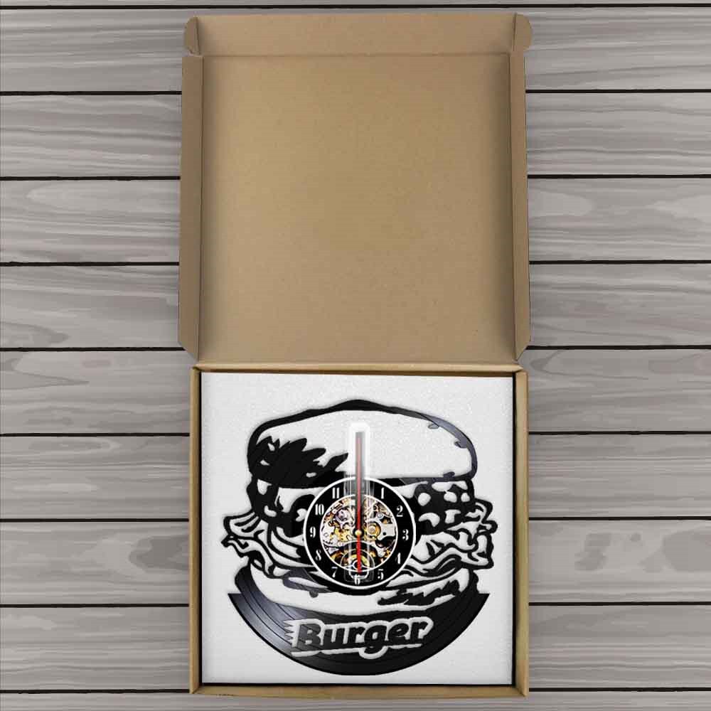 Decoración de Pared para el hogar, Reloj de hamburguesa con disco de vinilo, cocina, con luz, de comida rápida, con lámpara Led de moderno