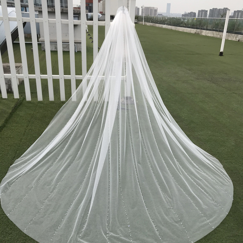 Prawdziwe zdjęcia perły i kryształy welon slubny błyszczący brokat welon ślubny szeroki welon katedralny Wykonany ręcznie Accessaries veli da sosa