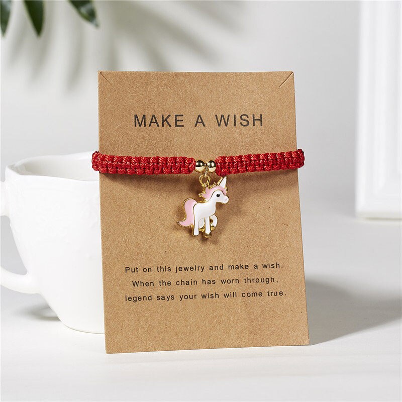 Make A Wish Paper Card Pink Foal Pendant Red Rope Braid Adjustable Bracelet Lovers Sister Preferred