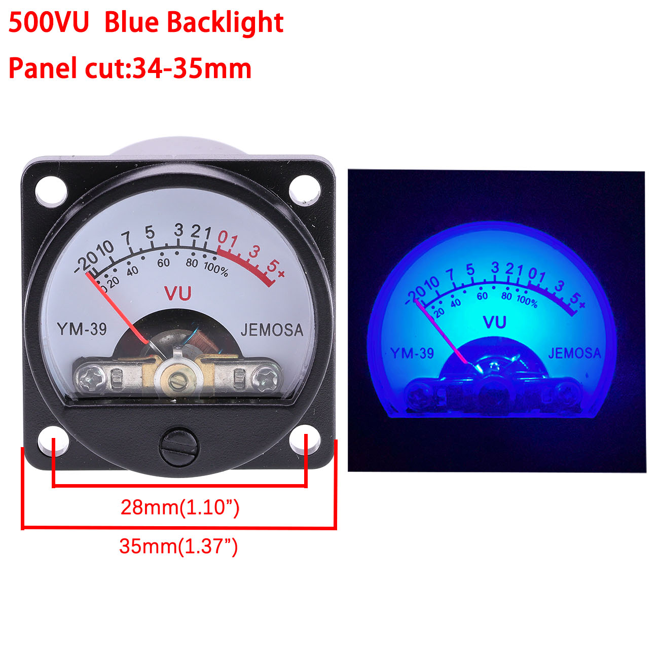 1PC 34mm Panel VU Meter 500VU met Groen Geel Blauw Rood Achtergrondverlichting Geluid Drukmeter Versterker Analoge meter Panel Gauge 500uA: WHITE