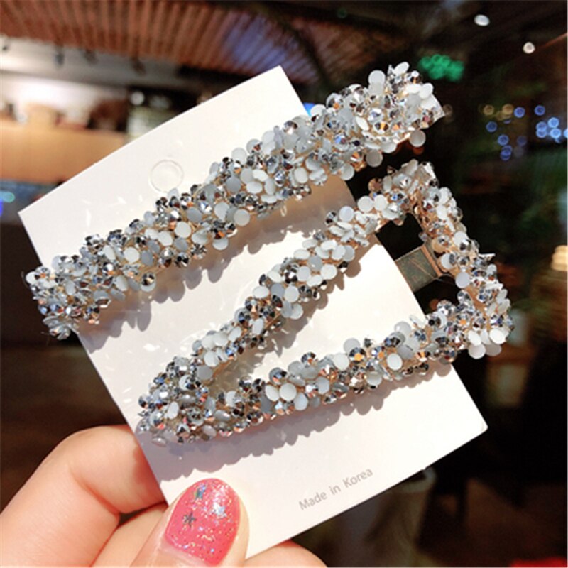 2PCS/SET Korea Shiny Crystal Rhinestones Hairpins Geometric Rectangle Waterdrop Imitiation Pearl Hair Clips Accessories: F348E