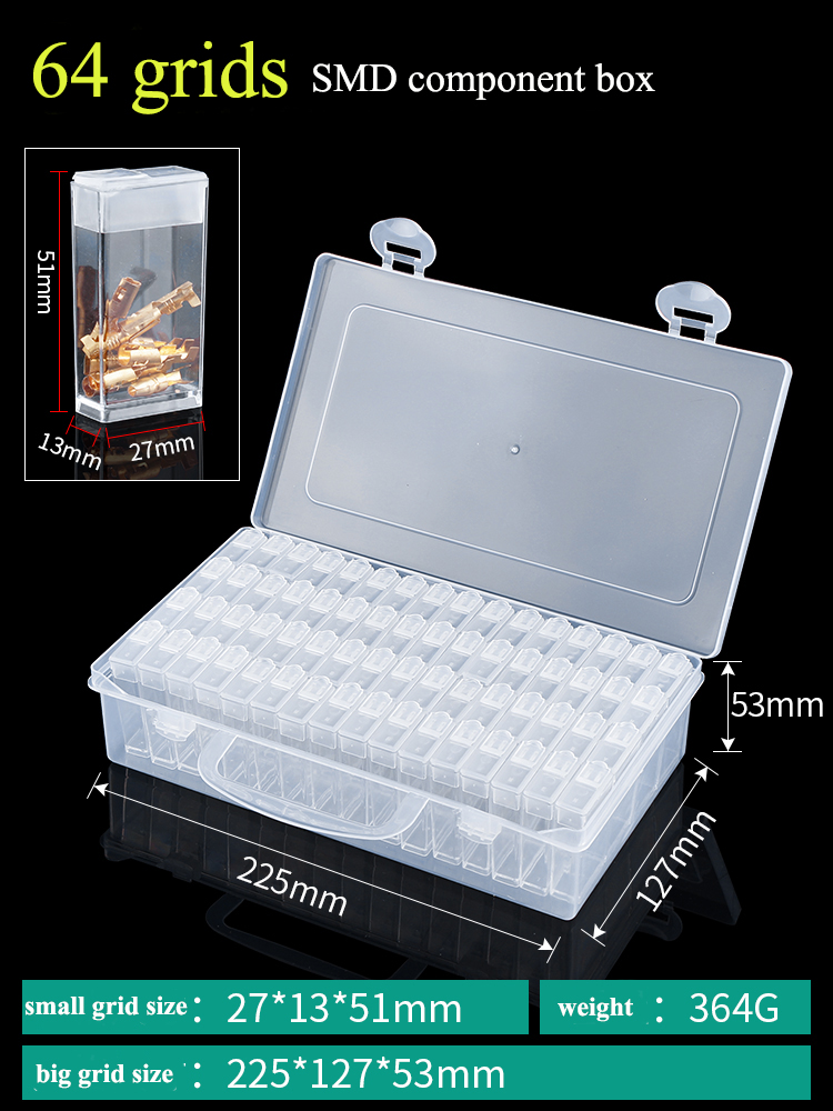 Transparent Plastic element box small screw sorting box hardware storage box mini flip part Small Component Jewelry Tool Box: 64 grids box