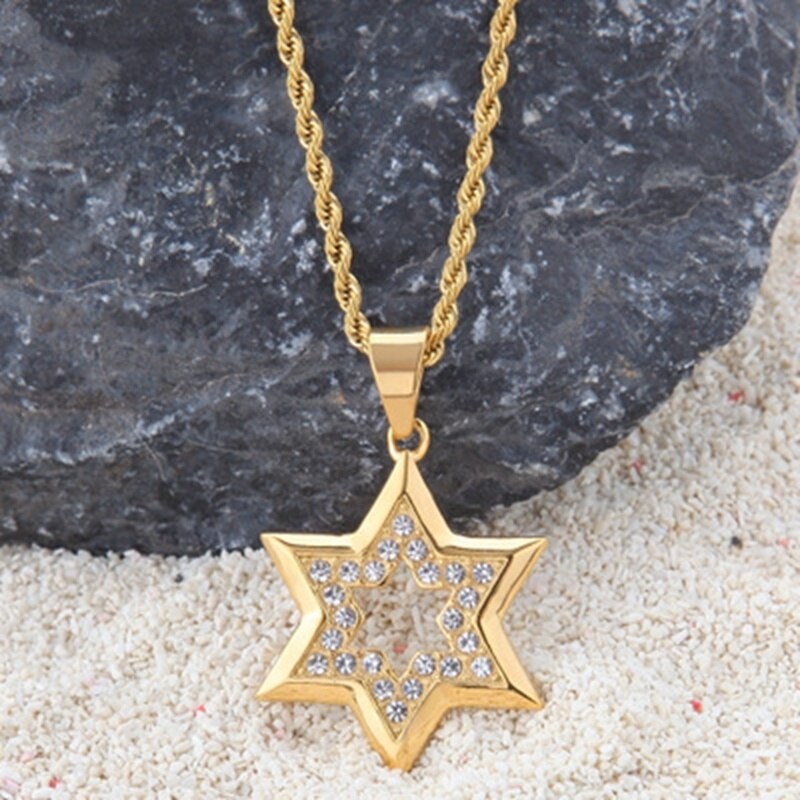 Star Stainless Steel Rhinestone Pendant Hexagonal Star Pendant Hip Hop Men Accessory Necklace