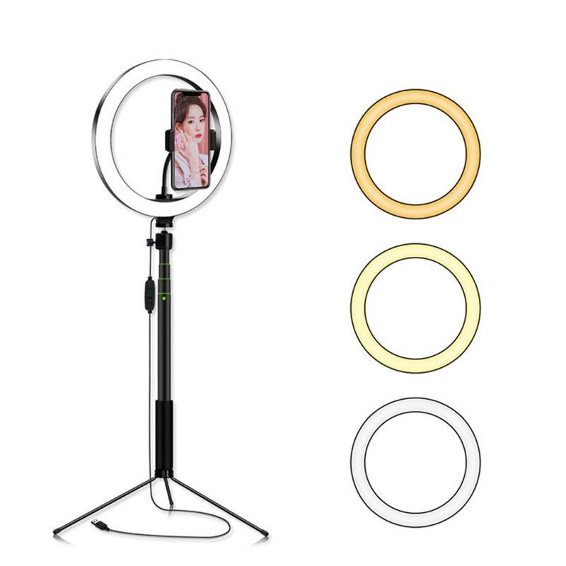 Anillo de luz LED giratorio con trípode, accesorio fotográfico de iluminación regulable de 10 pulgadas con 3 modos de iluminación, soporte para teléfono móvil y cámara de maquillaje en vivo