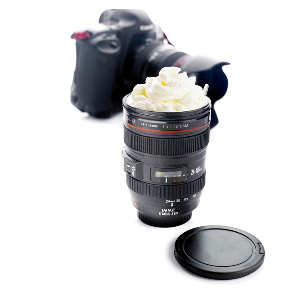 1 stk kaffe linse emulering kamera krus øl krus vin med låg sort plastik kop kamera logo krus cafe 400ml linse kop