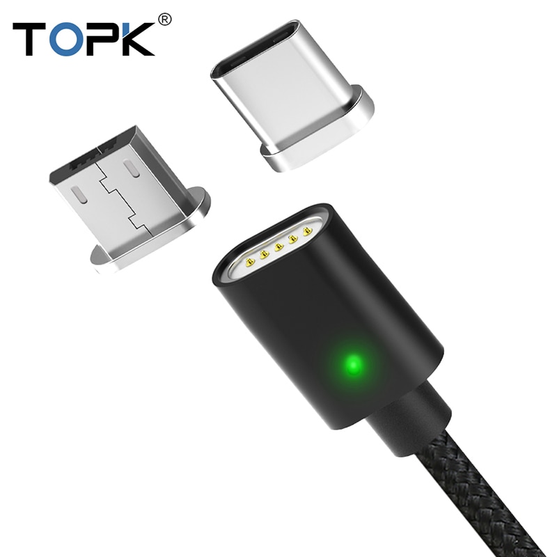 Topk  am21 magnetisk kabel usb type c kabel & mikro usb kabel nylon flettet led indikator data sync magnet opladerkabel